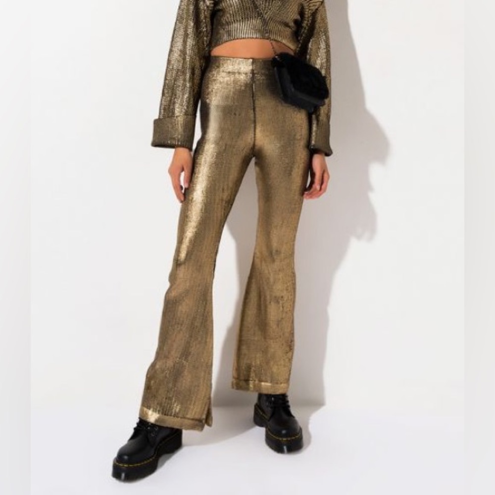 Akira Metallic Knit Flare Pants (in silver)